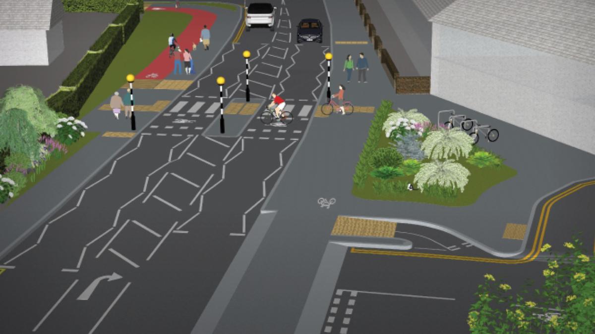 Graphic showing a proposed new pedestrian crossing and warning lights at Stag Meadow in Windsor